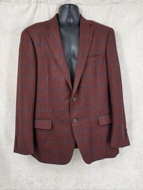 Hart Schaffner Marx Deep Red Windowpane Plaid Blaxer Jacket Suit Sport Coat